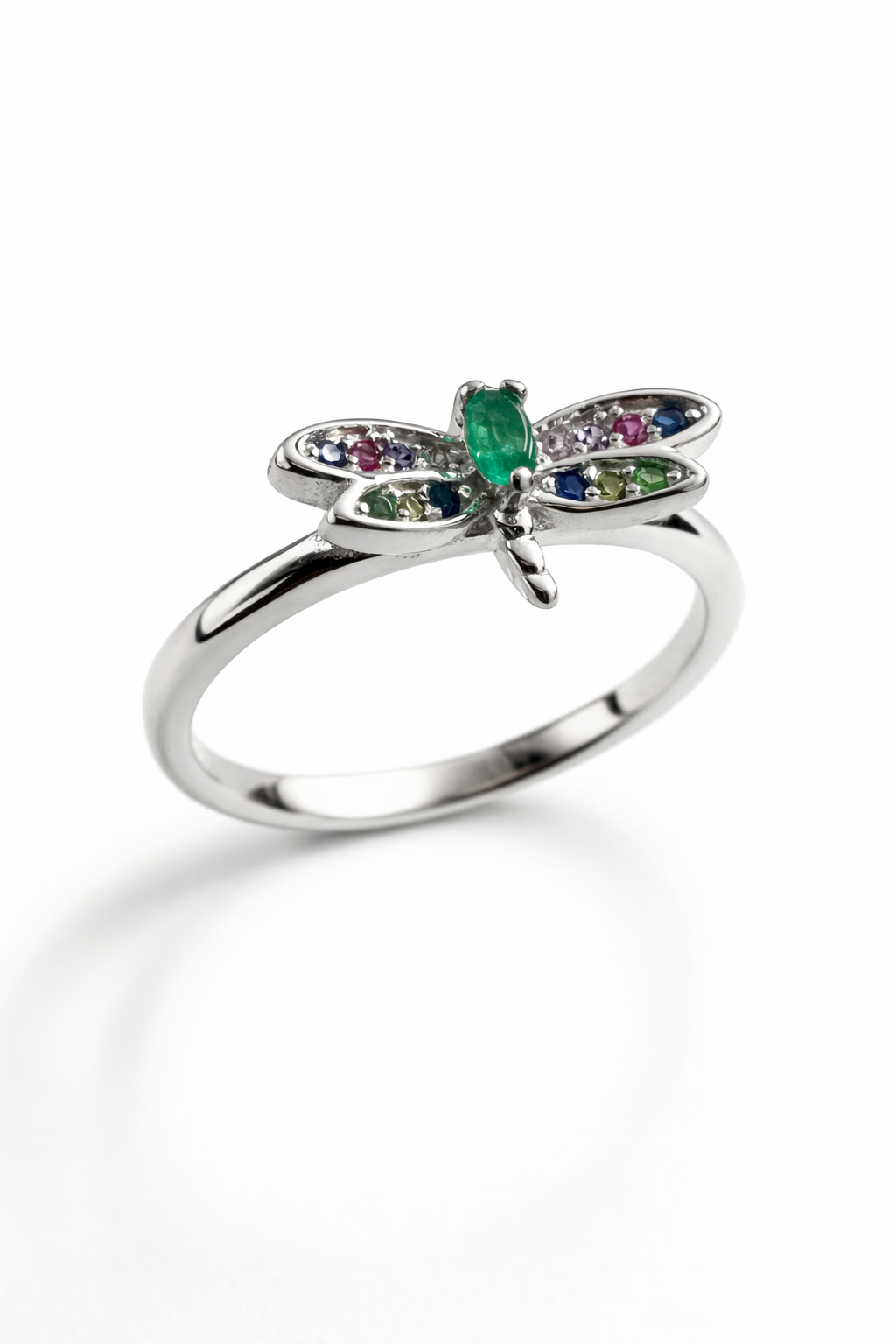 Anillo en Plata italiana 925 con esmeralda natural Libélula Arcoíris