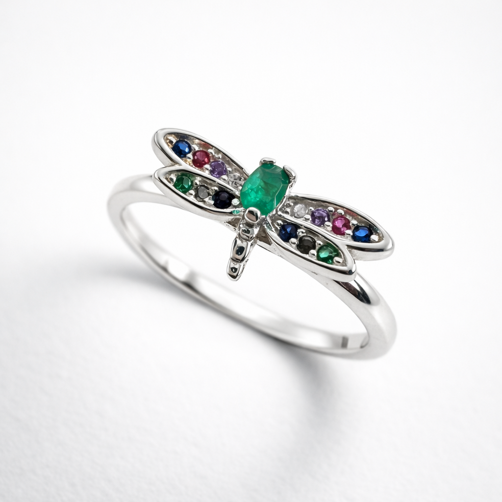 Anillo en Plata italiana 925 con esmeralda natural Libélula Arcoíris