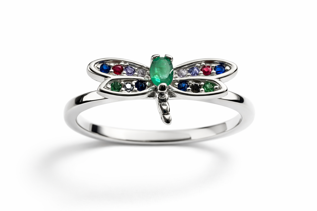 Anillo en Plata italiana 925 con esmeralda natural Libélula Arcoíris