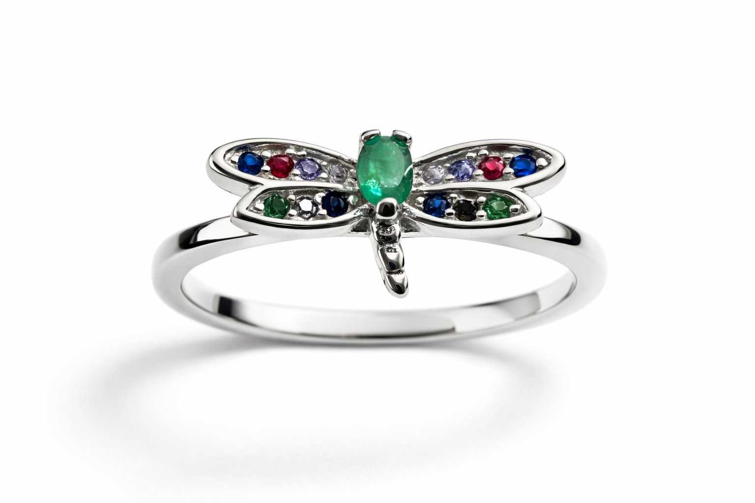 Anillo en Plata italiana 925 con esmeralda natural Libélula Arcoíris